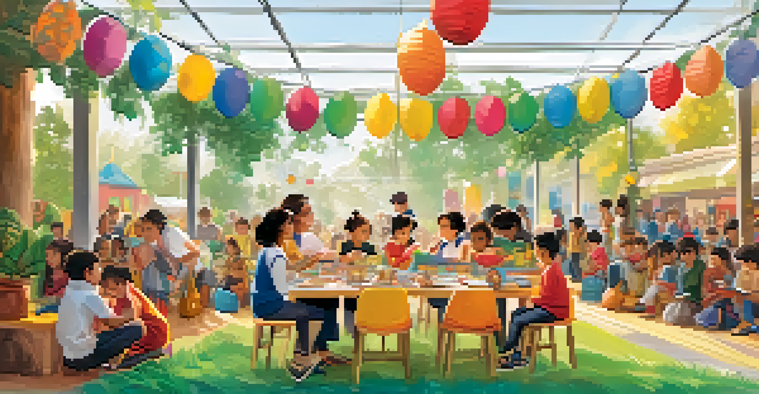 Children participating in storytelling and workshops at the Children's Book Festival, surrounded by colorful decorations.