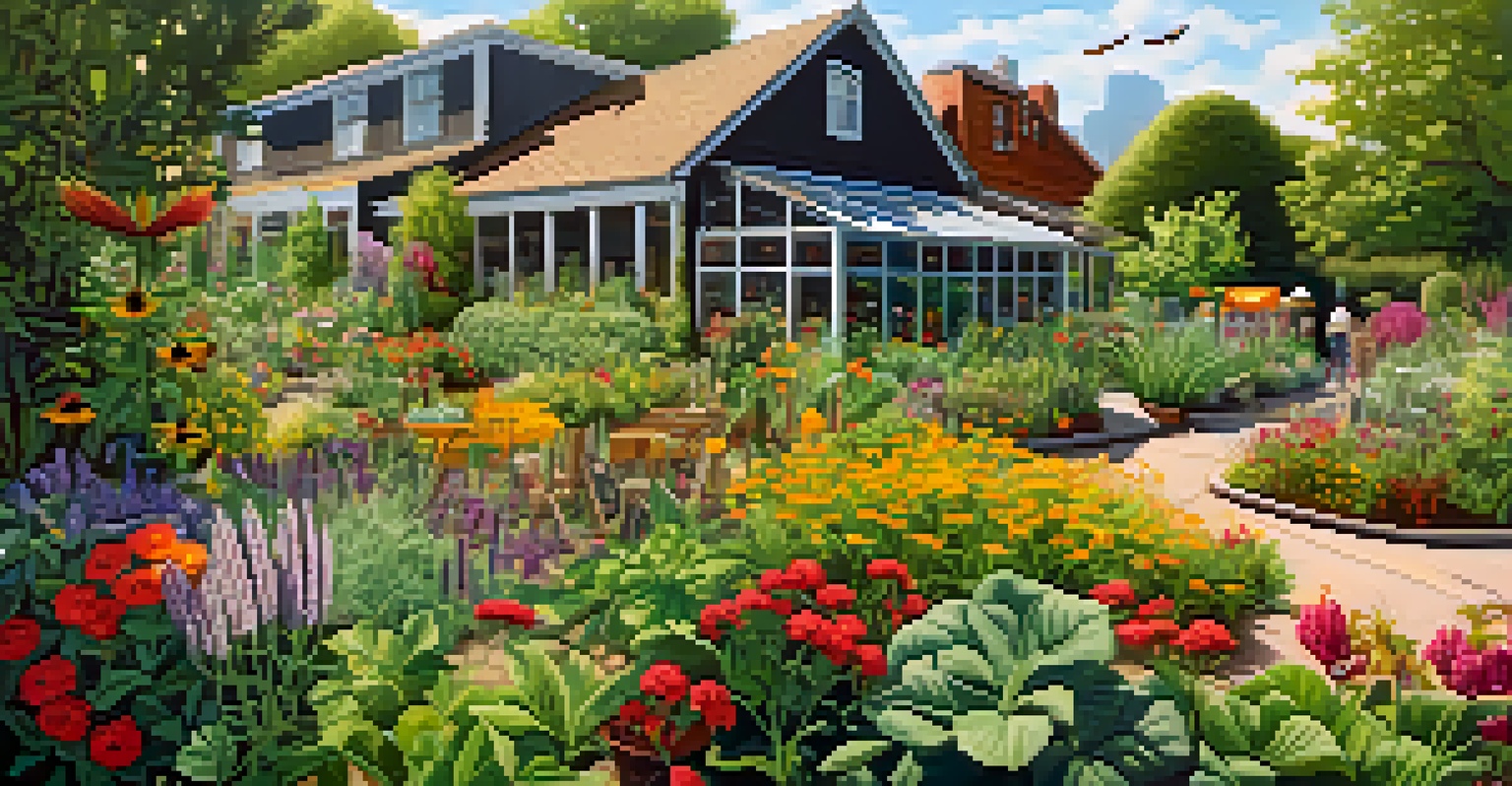 A close-up of a community garden filled with native plants and pollinators like bees and butterflies, showcasing vivid colors and intricate details.
