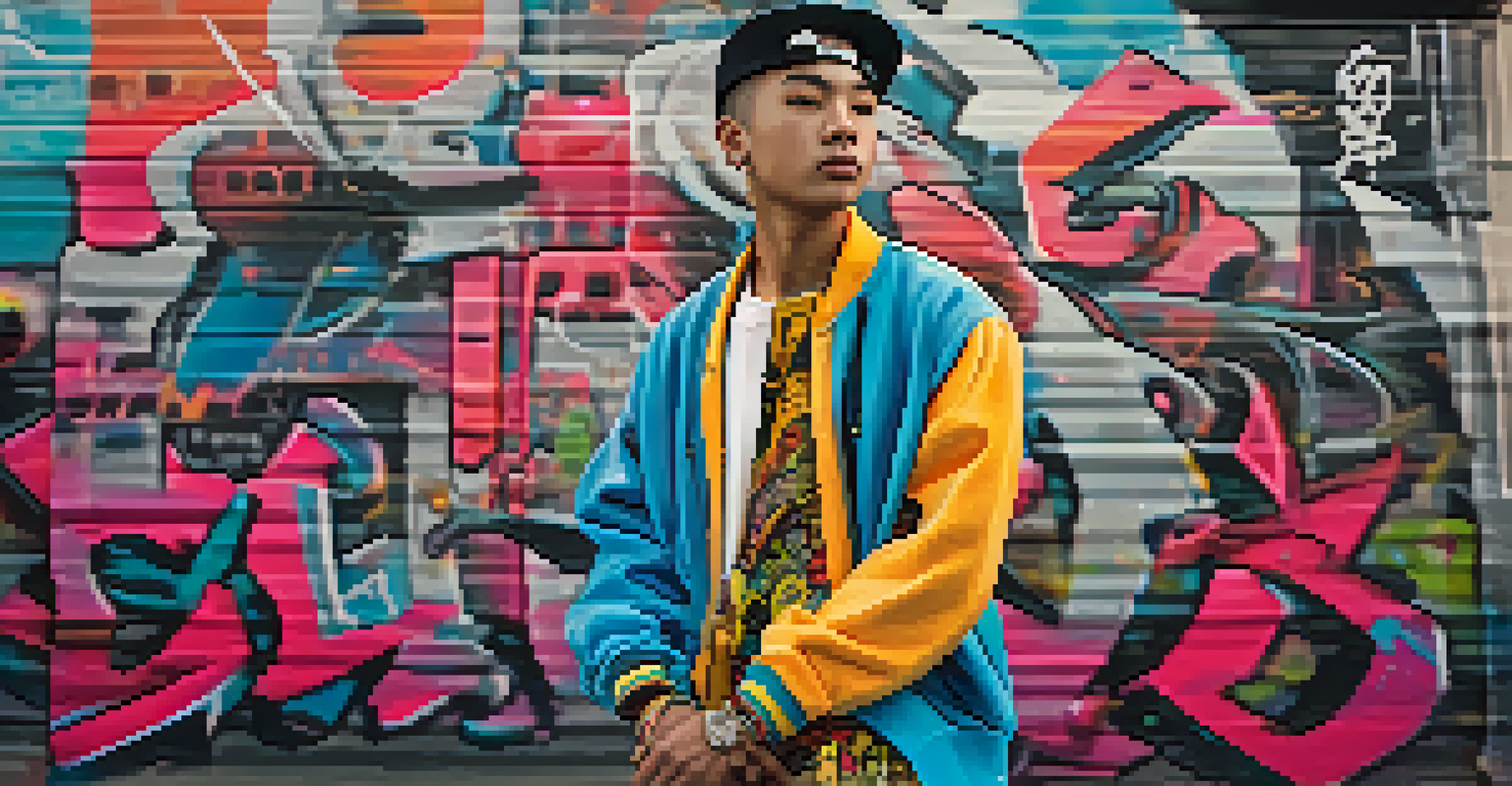 A young person in San Jose wearing a mix of hip-hop and traditional clothing, set against an urban graffiti background.