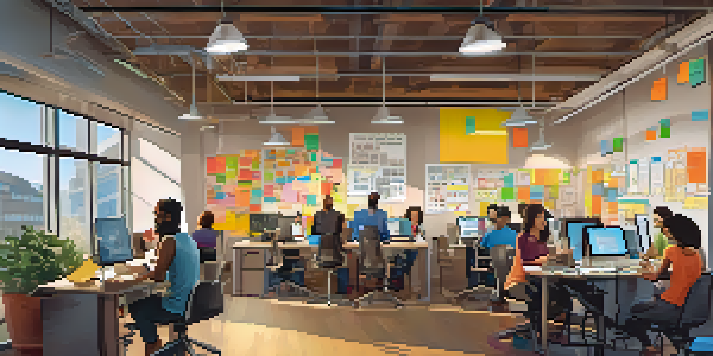 A vibrant startup incubator with entrepreneurs working together at shared desks, surrounded by colorful notes and technology.