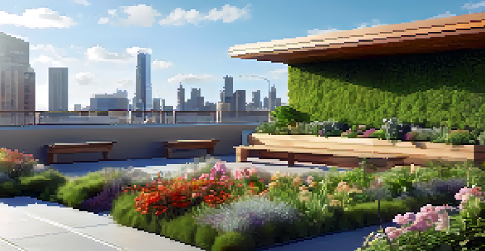 A modern building with a green roof filled with diverse plants and flowers, featuring a wooden bench, with a city skyline in the background under a clear blue sky.