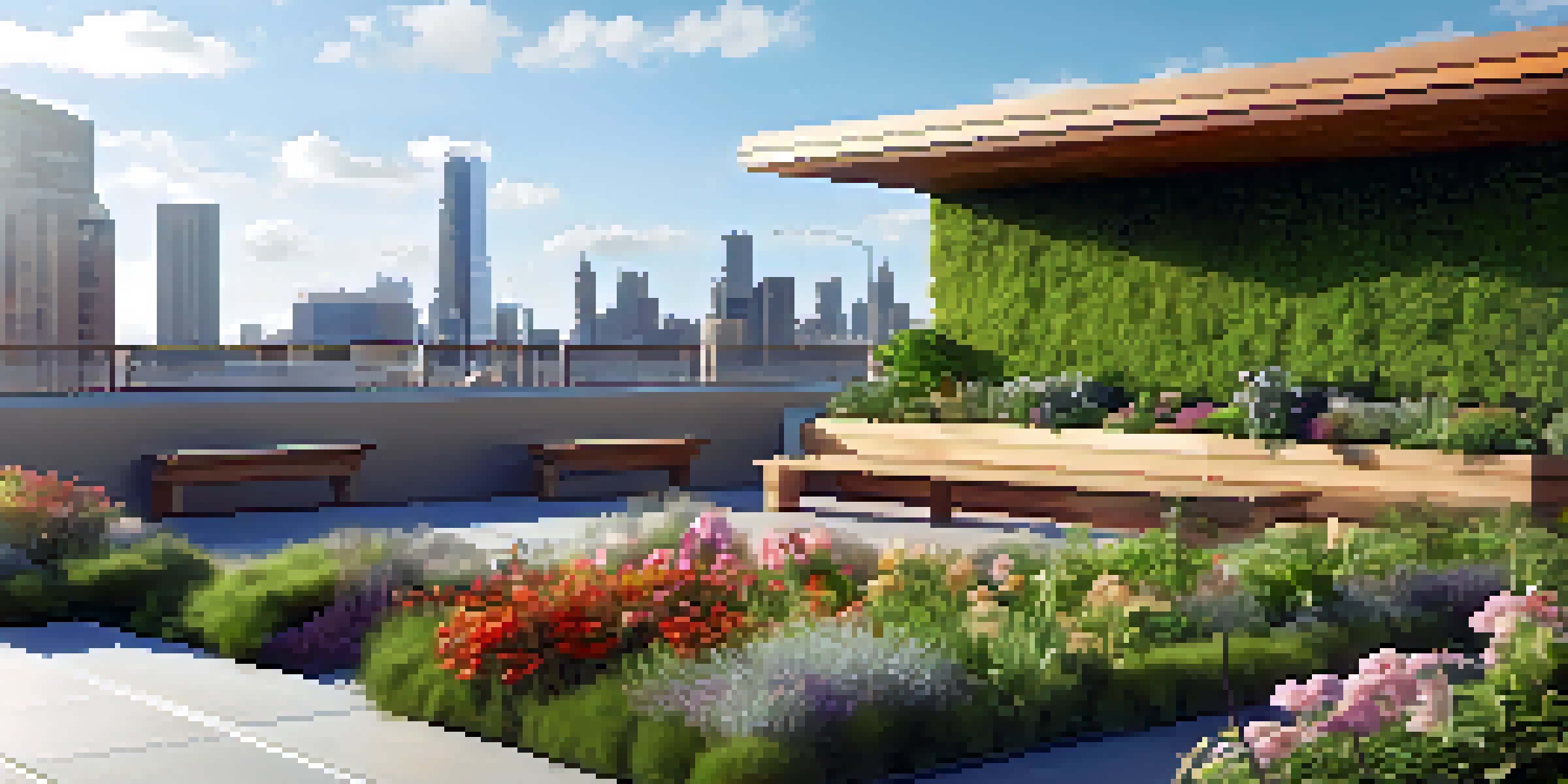 A modern building with a green roof filled with diverse plants and flowers, featuring a wooden bench, with a city skyline in the background under a clear blue sky.