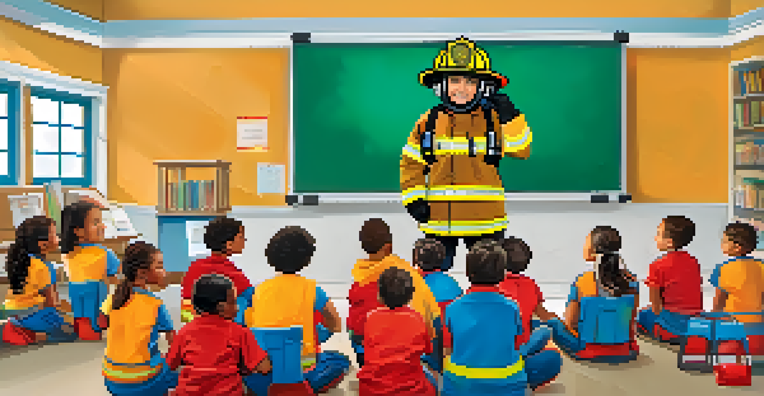 A firefighter teaching fire safety techniques to children in a brightly lit classroom.
