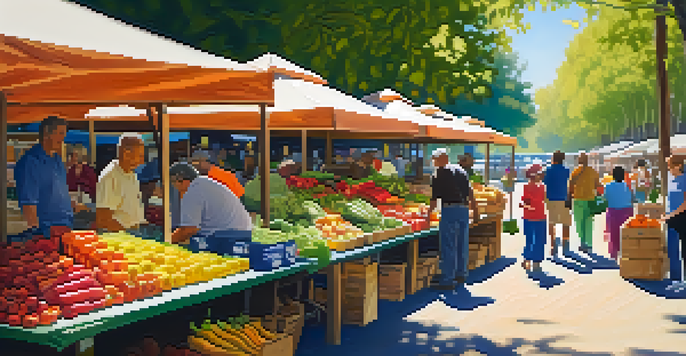 A lively local farmers' market with colorful fruits and vegetables, people interacting, and sunlight filtering through trees.