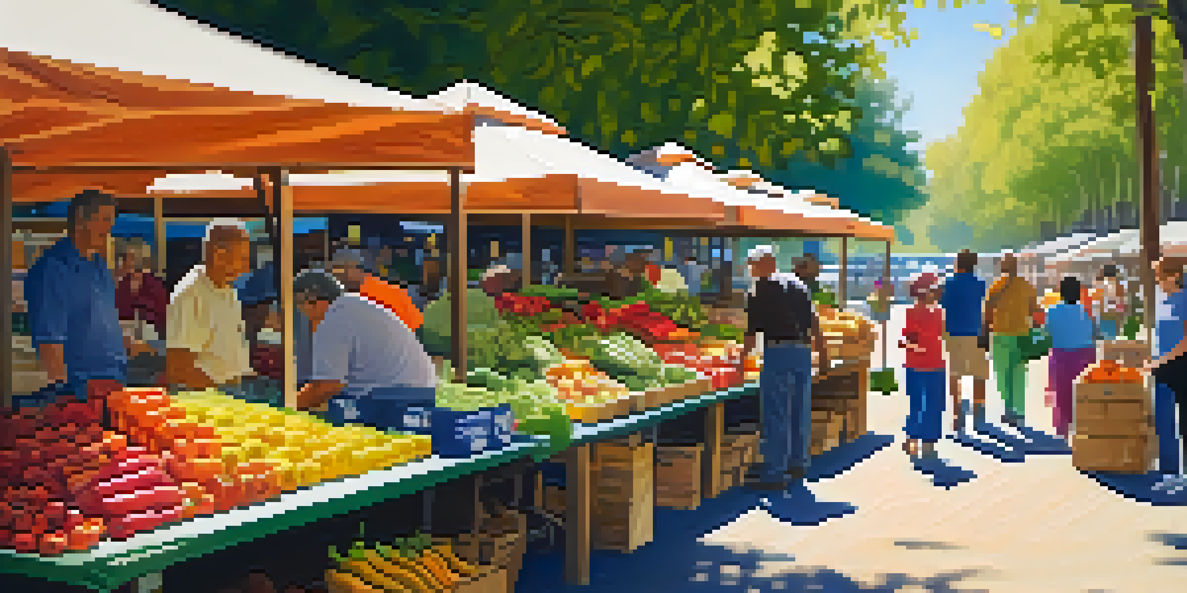 A lively local farmers' market with colorful fruits and vegetables, people interacting, and sunlight filtering through trees.