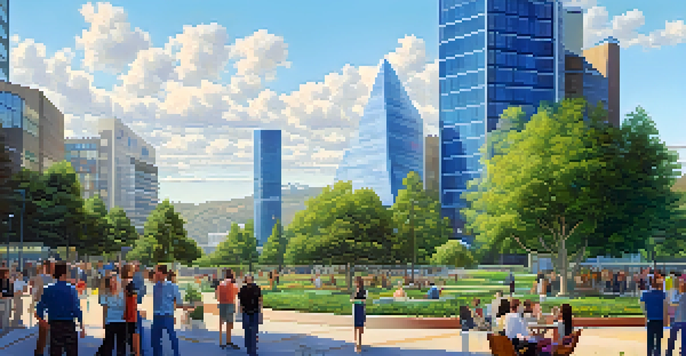 A lively view of Silicon Valley featuring modern buildings, green spaces, and diverse researchers collaborating outside a high-tech laboratory.