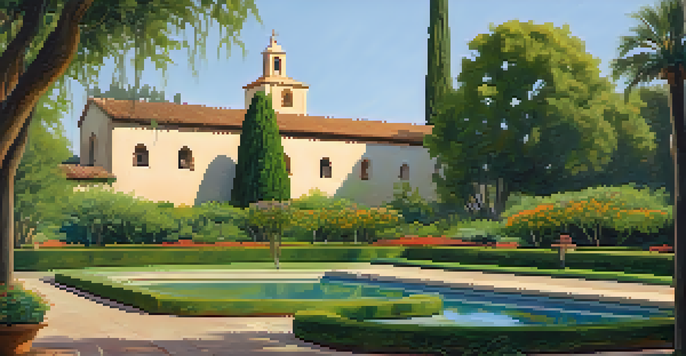 A picturesque image of Mission Santa Clara with lush gardens and warm sunlight, featuring visitors enjoying the serene environment.