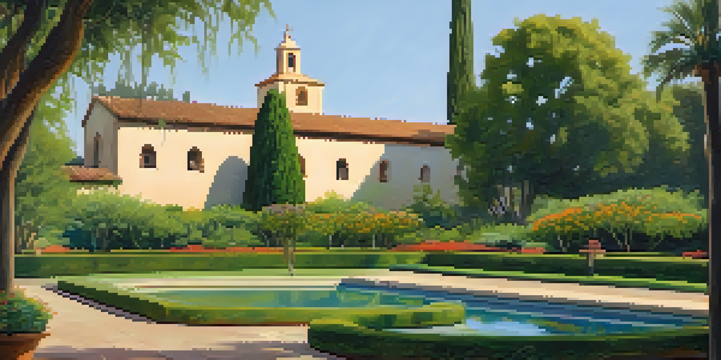 A picturesque image of Mission Santa Clara with lush gardens and warm sunlight, featuring visitors enjoying the serene environment.