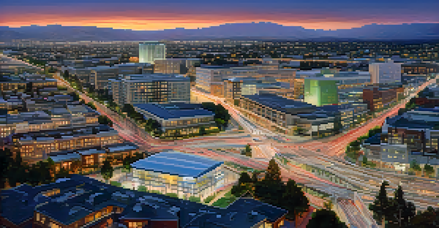 An aerial view of San Jose at dusk showing illuminated roads, smart traffic signals, and charging stations for electric vehicles against a twilight sky.