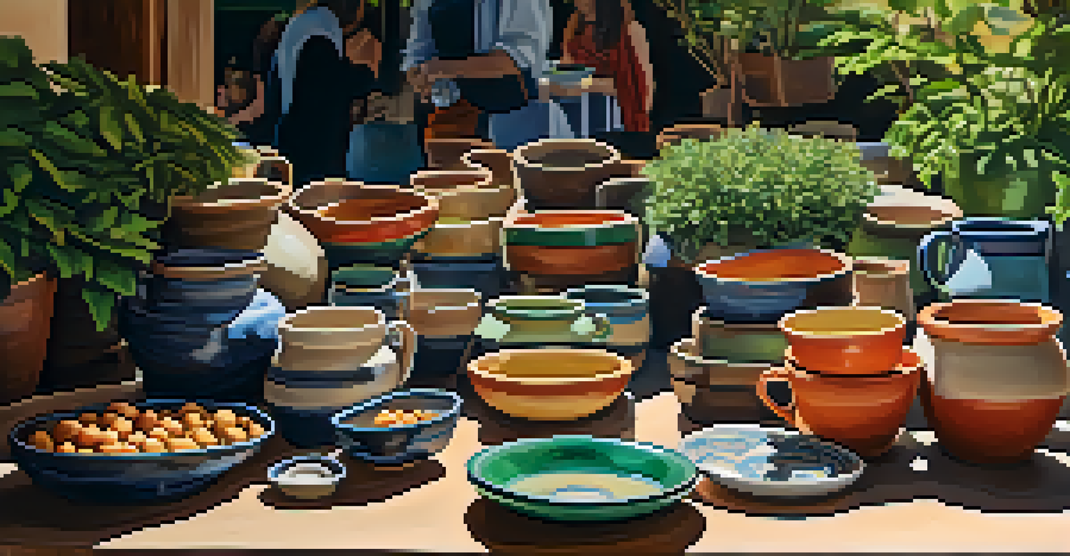 An artisan stall displaying handmade pottery and crafts at a farmers' market, with colorful mugs and bowls under warm sunlight.