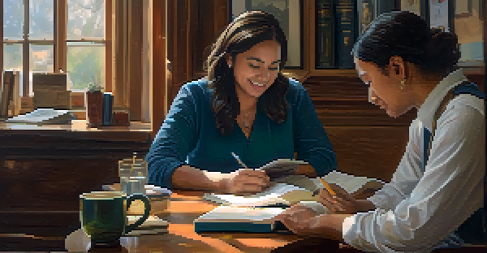A compassionate advocate and an individual with a disability engaged in a supportive conversation at a table, with warm lighting and advocacy materials visible around them.