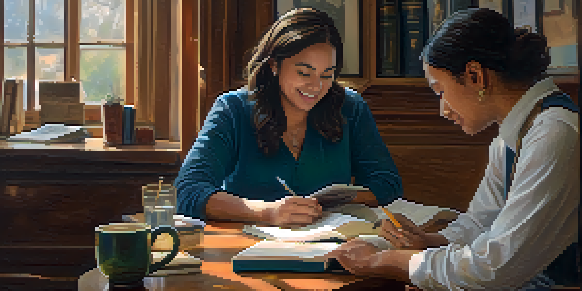 A compassionate advocate and an individual with a disability engaged in a supportive conversation at a table, with warm lighting and advocacy materials visible around them.