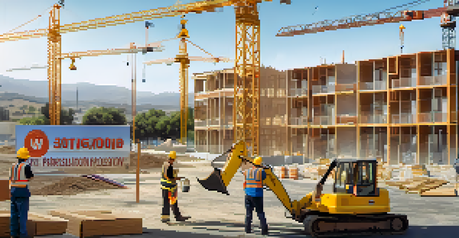 Close-up of a construction site sign for an affordable housing project, with workers and building materials visible in the background.