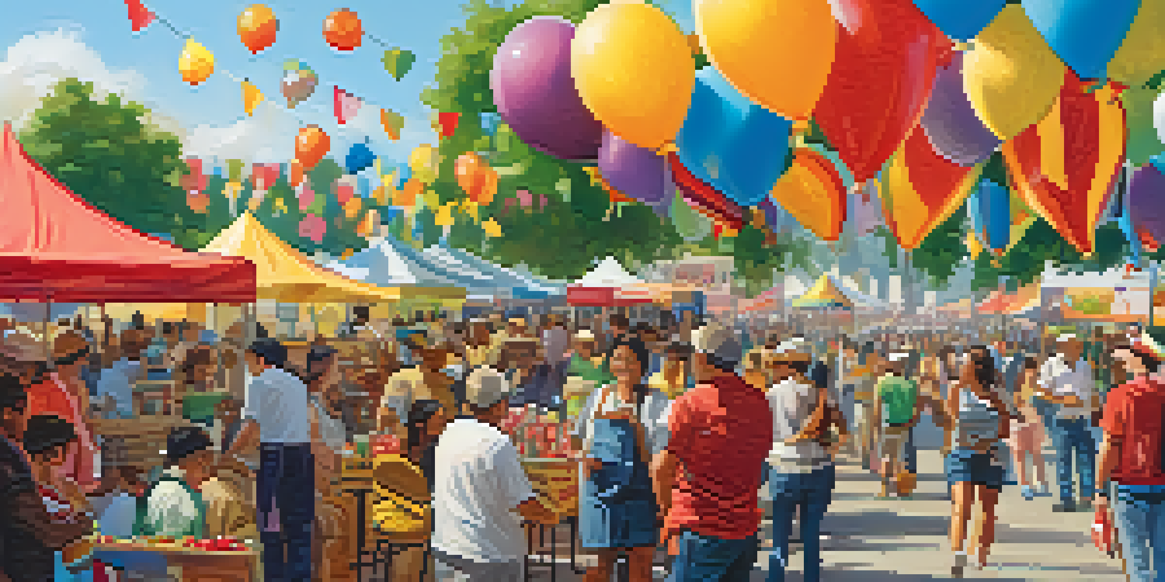A lively community festival with colorful stalls and diverse people enjoying music and food.