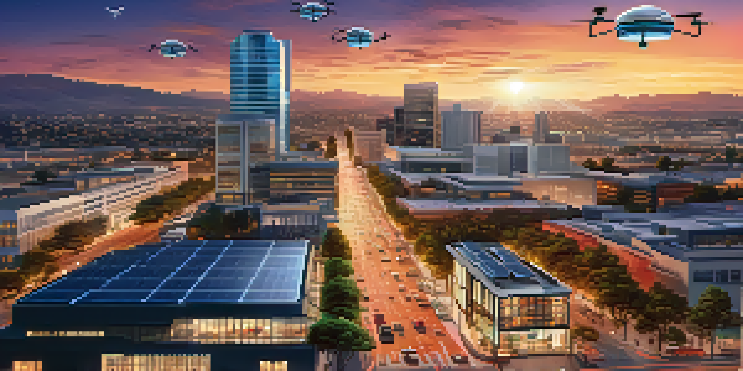 A vibrant cityscape of San Jose with drones, smart traffic lights, and solar-powered buildings during sunset.