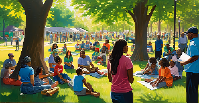 A group of diverse community members participating in a disaster preparedness workshop in a park, with colorful banners and sunlight filtering through trees.