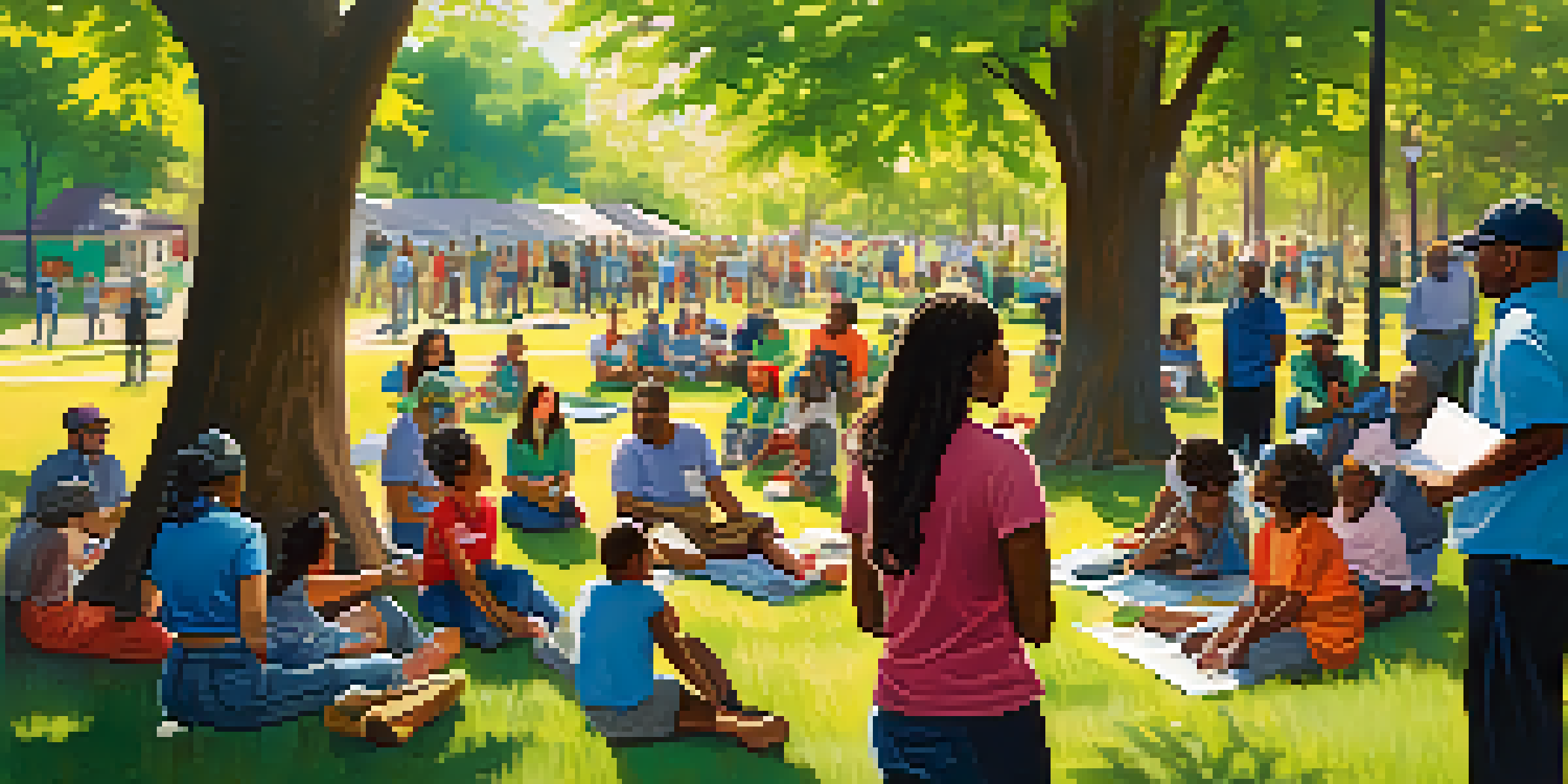 A group of diverse community members participating in a disaster preparedness workshop in a park, with colorful banners and sunlight filtering through trees.