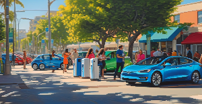 A lively street in San Jose with people engaging around colorful electric vehicles and charging stations, surrounded by modern architecture and greenery under a clear blue sky.