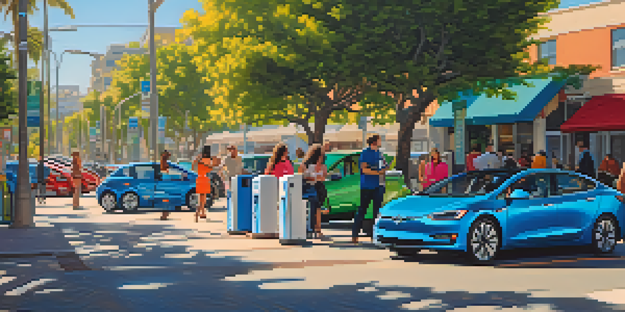 A lively street in San Jose with people engaging around colorful electric vehicles and charging stations, surrounded by modern architecture and greenery under a clear blue sky.