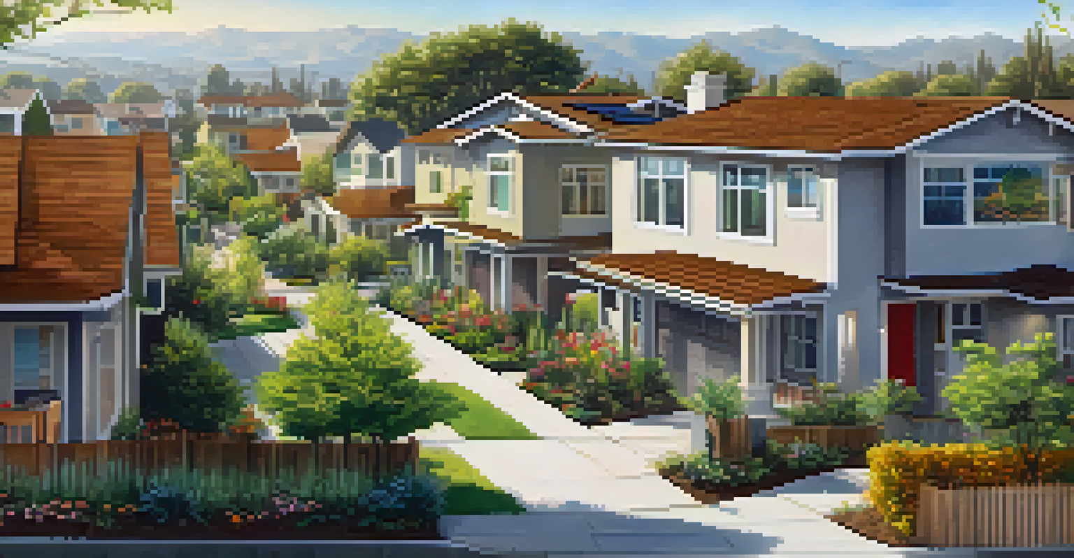 A neighborhood in San Jose featuring homes with solar panels and gardens, depicting sustainable living.
