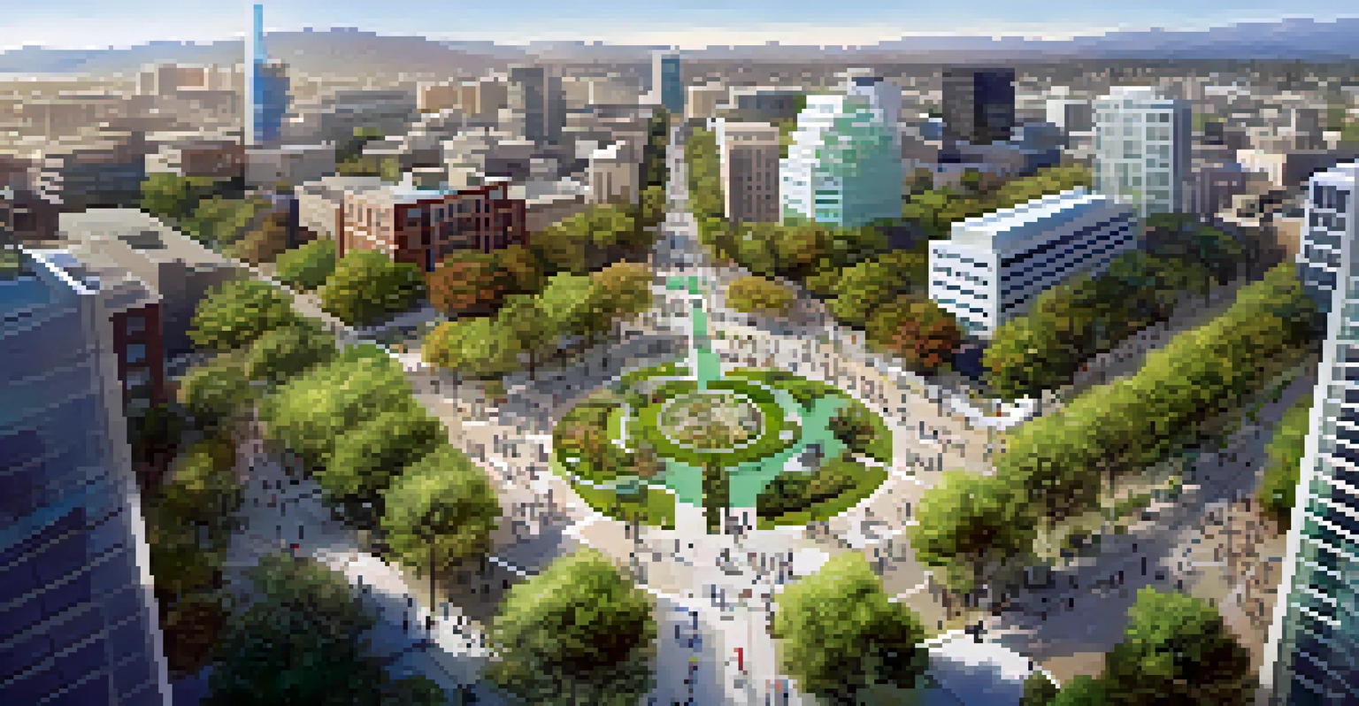 An aerial view of interconnected green spaces in San Jose, showcasing vibrant parks among the city skyline.