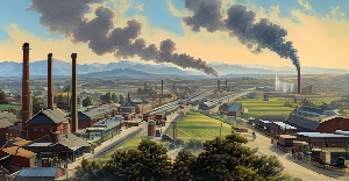 A historic view of San Jose with factories, people in period clothing, and a railway line, all under a sunset sky.