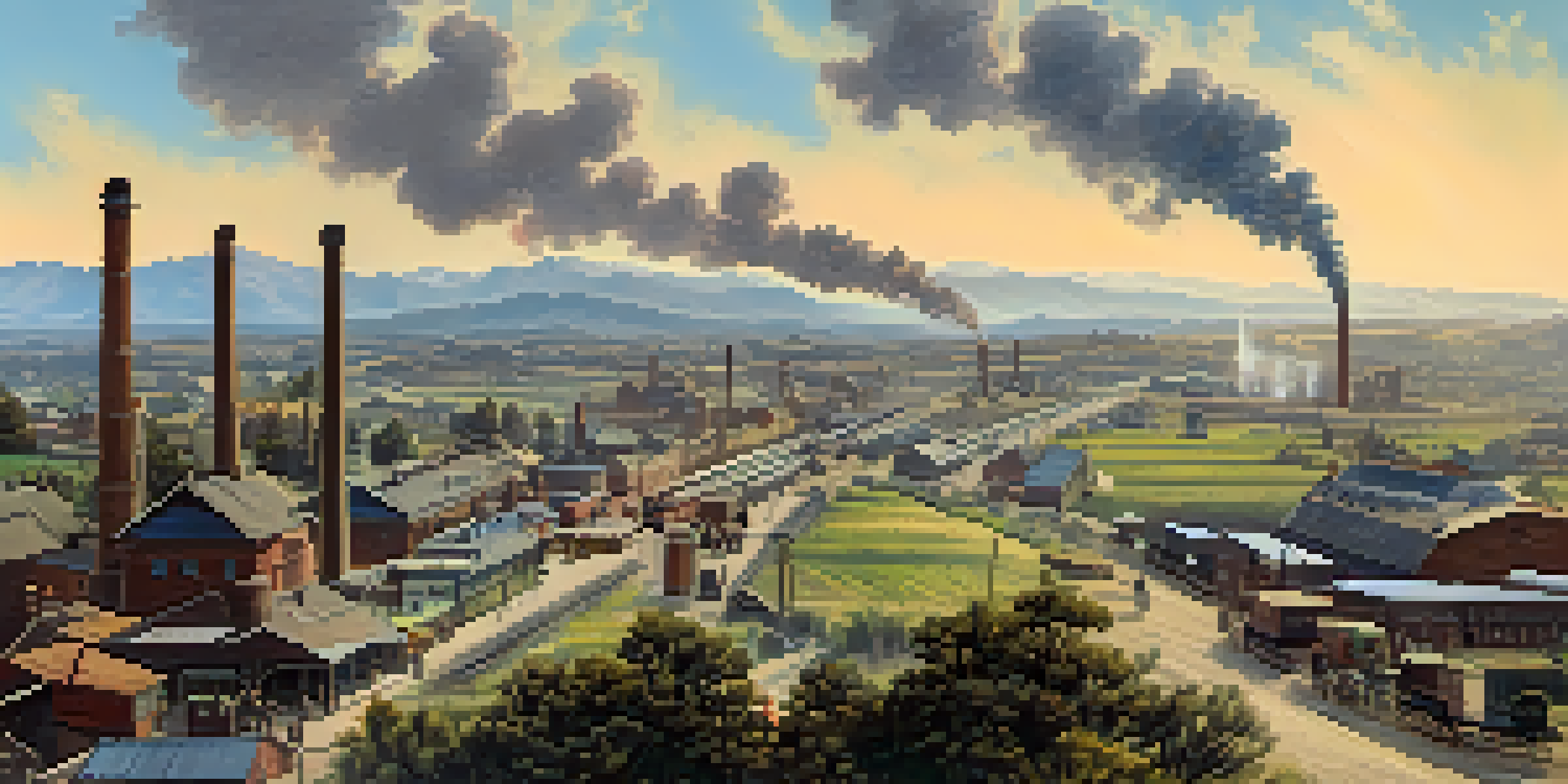 A historic view of San Jose with factories, people in period clothing, and a railway line, all under a sunset sky.