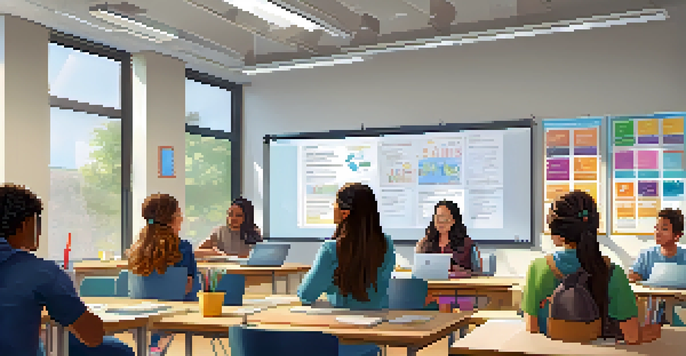 A modern classroom with students participating in hybrid learning, some in-person and others online, with a bright and spacious environment.