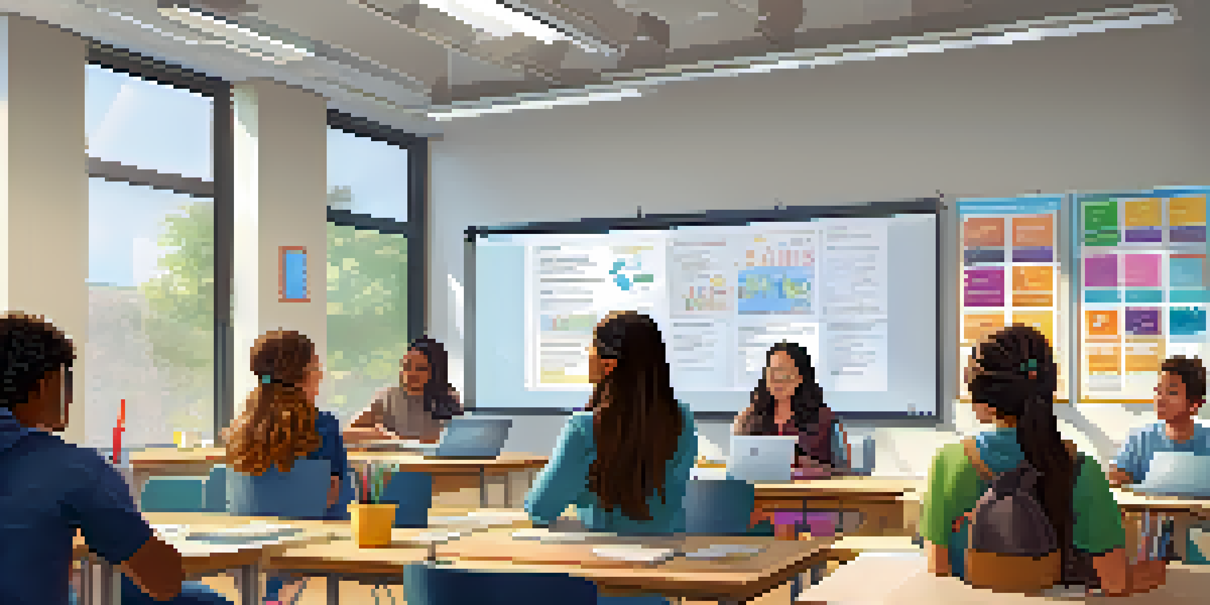 A modern classroom with students participating in hybrid learning, some in-person and others online, with a bright and spacious environment.