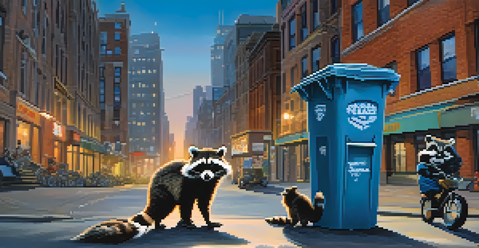 Two raccoons rummaging through a trash can on a busy city street with high-rise buildings and pedestrians, under evening lights.