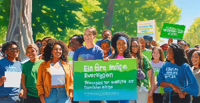 A diverse group of activists in a park holding signs for environmental justice, surrounded by trees and a clear sky.