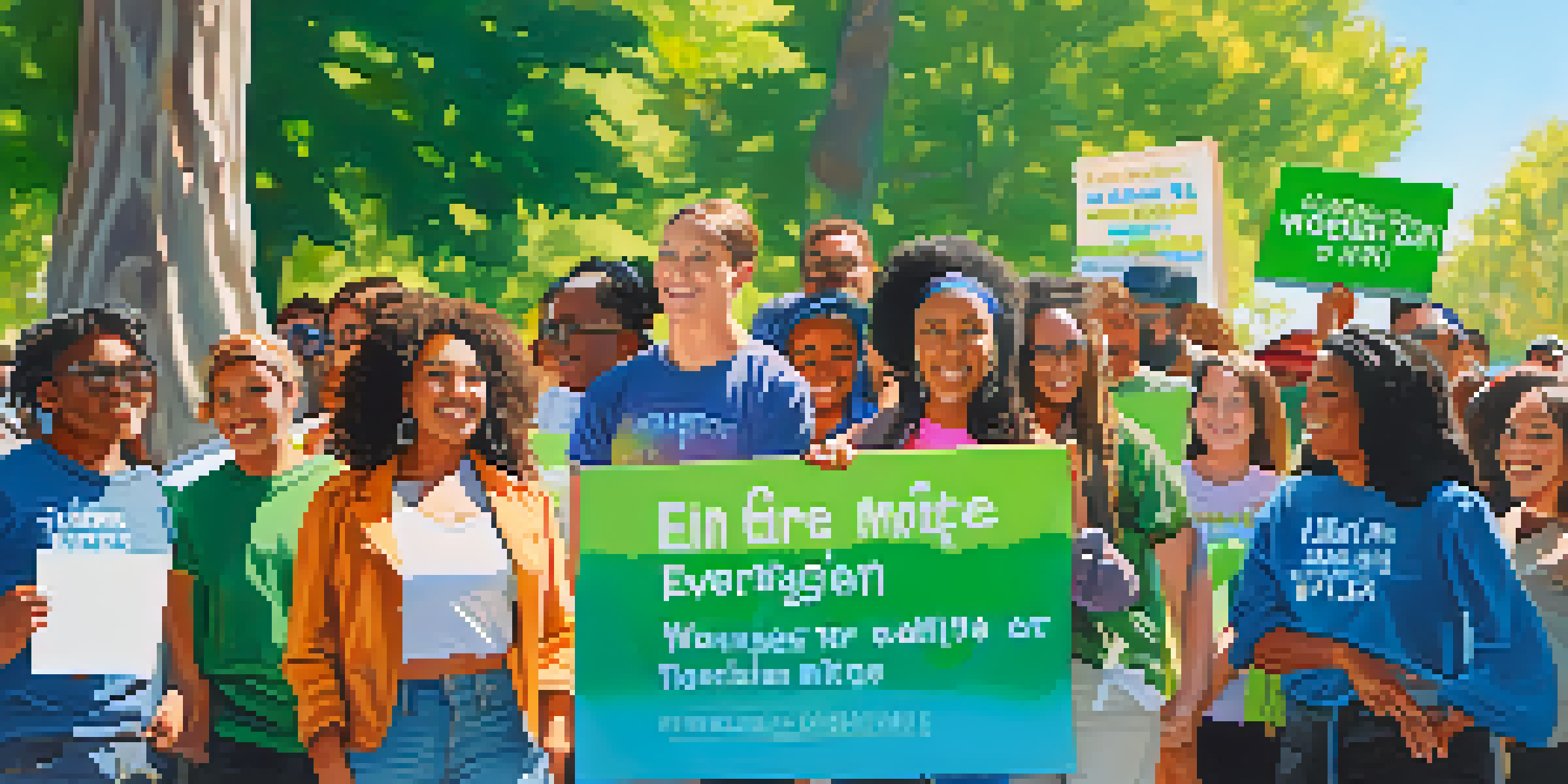 A diverse group of activists in a park holding signs for environmental justice, surrounded by trees and a clear sky.