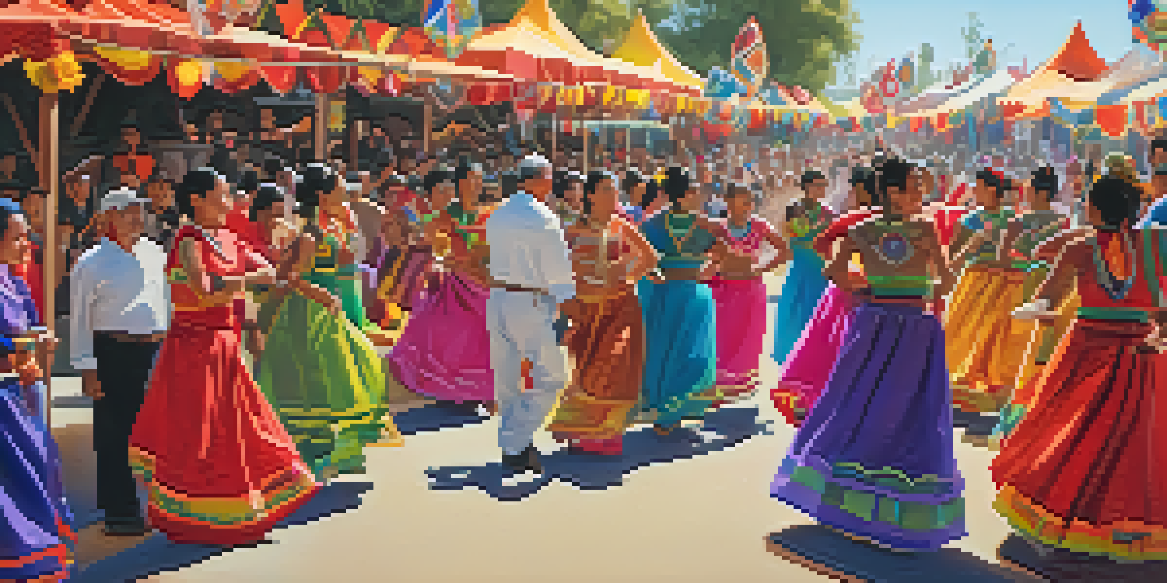 A lively festival scene with dancers in colorful traditional costumes and food stalls, capturing the essence of the San Jose Heritage Festival.