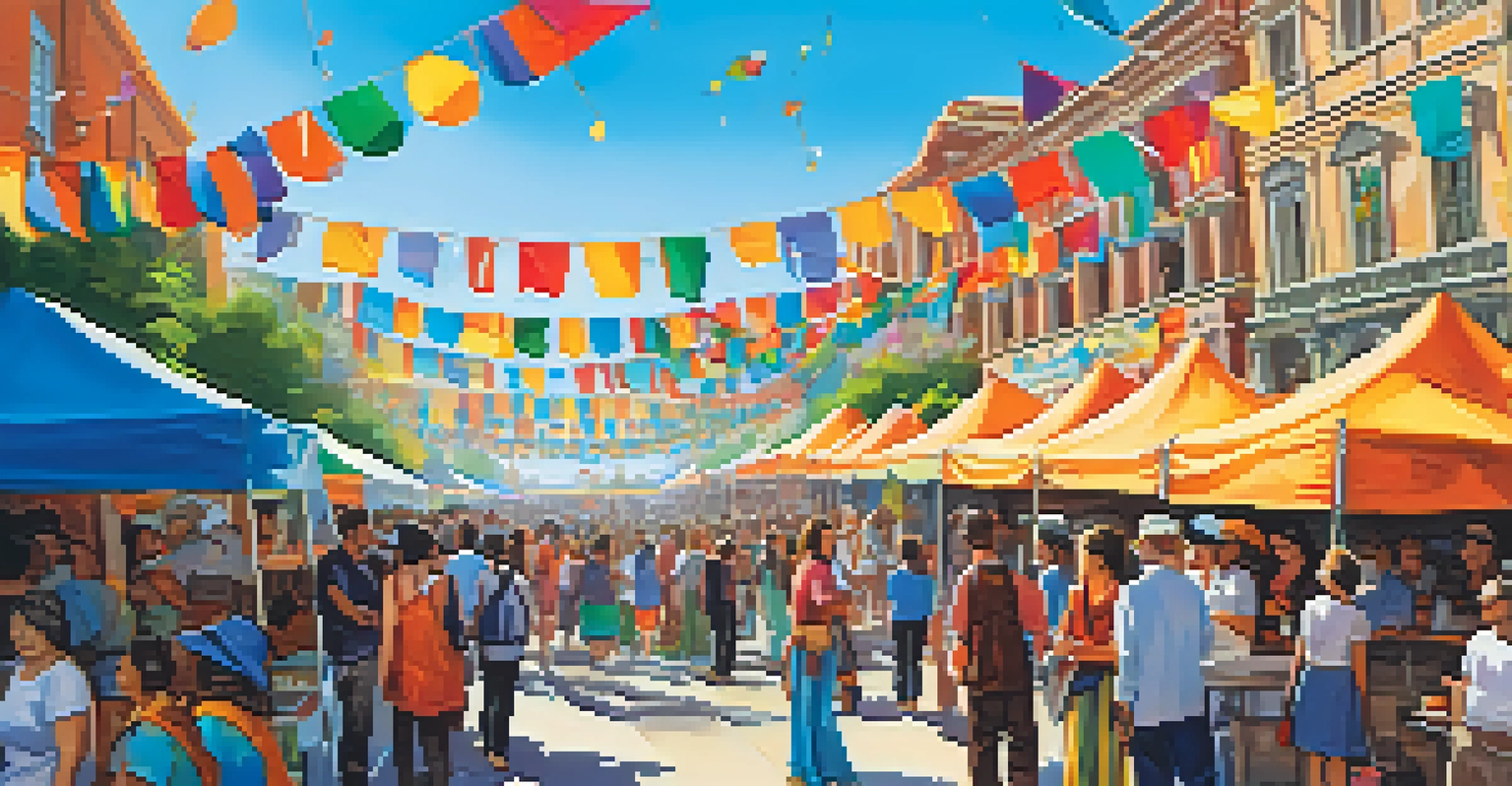 A bustling community art festival with diverse artists and visitors enjoying various artworks under a clear blue sky.