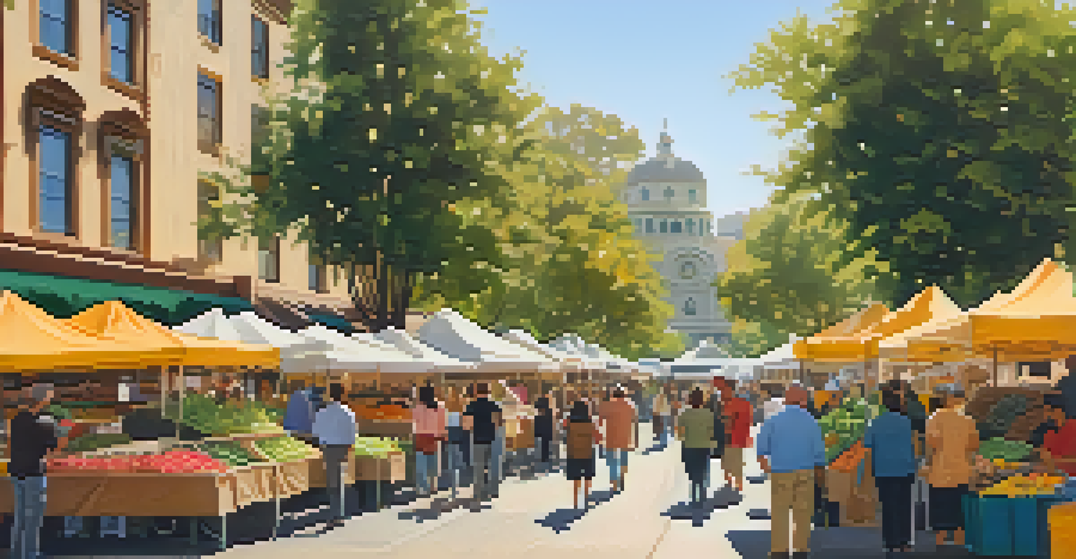 A lively farmer's market in San Jose with residents shopping for local produce and crafts amidst colorful stalls.