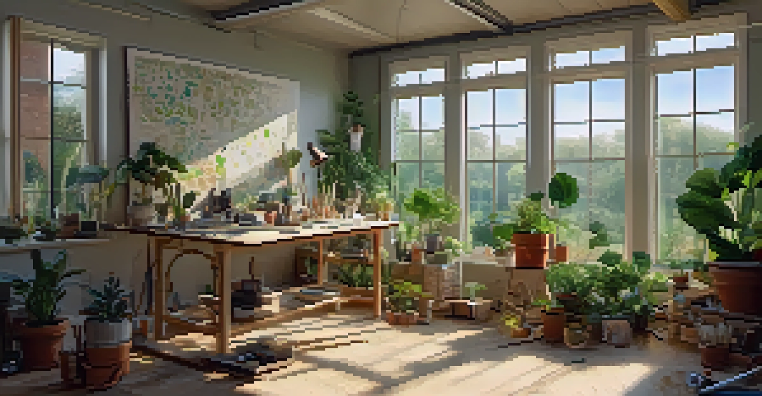 An artist's studio with eco-friendly materials, showcasing a painting about sustainability, illuminated by natural light.