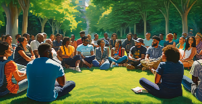 A group of diverse individuals sitting in a circle on a green lawn, engaged in a community forum, sharing their stories with expressions of passion under a sunny sky.