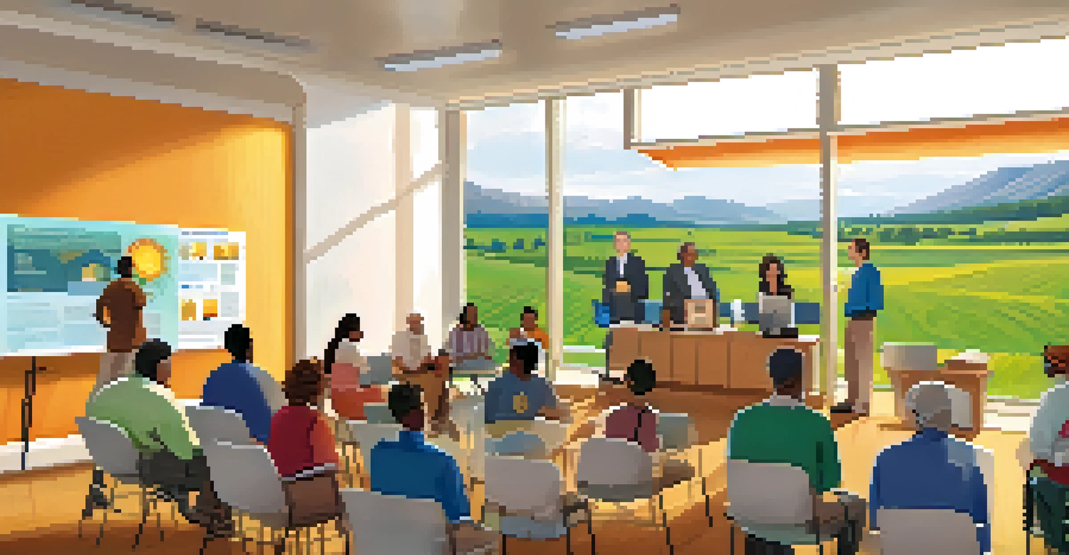 A community workshop on renewable energy with diverse attendees discussing solar energy options.