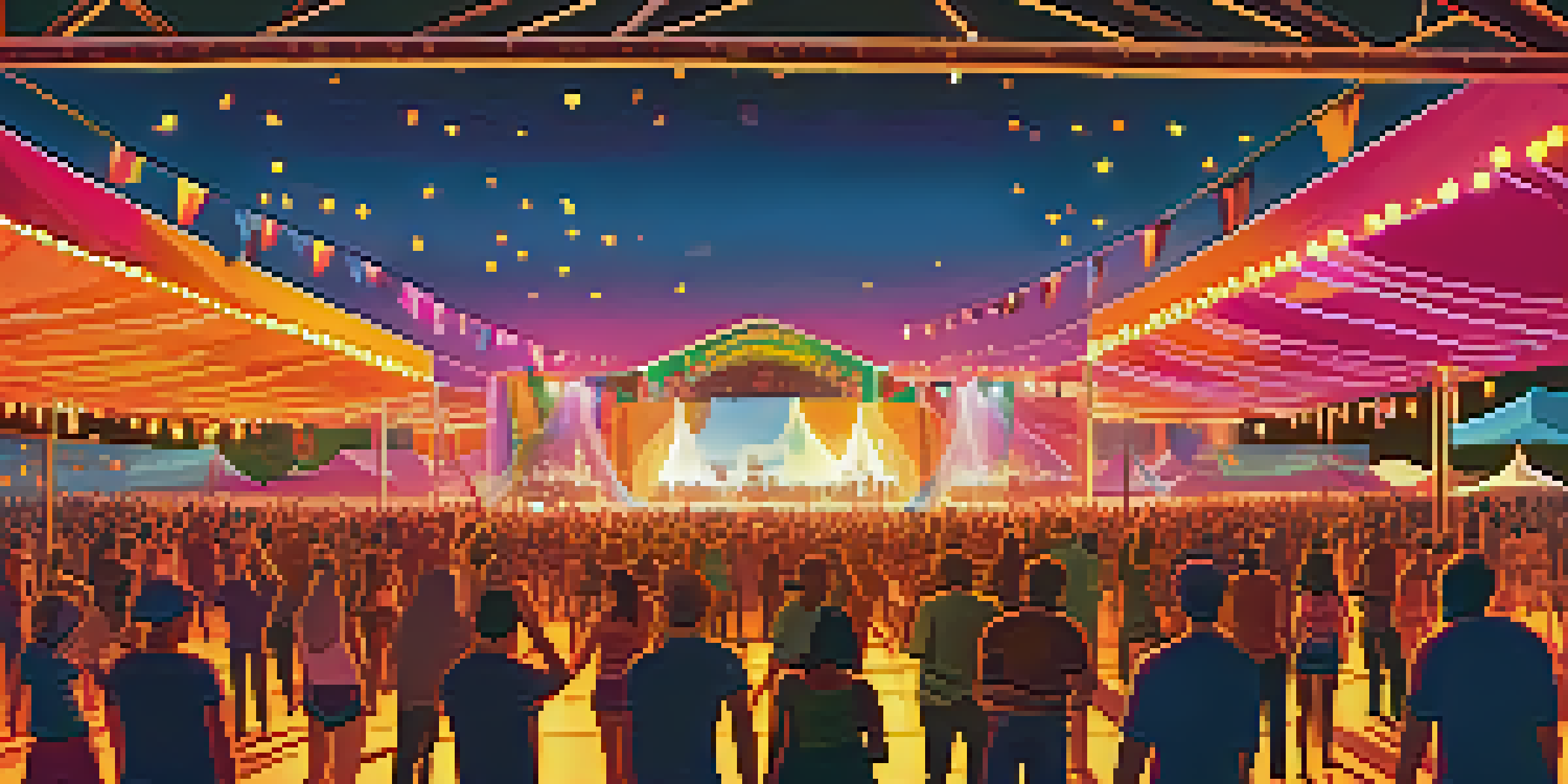 A lively music festival with a diverse crowd dancing in front of a colorful stage at sunset.