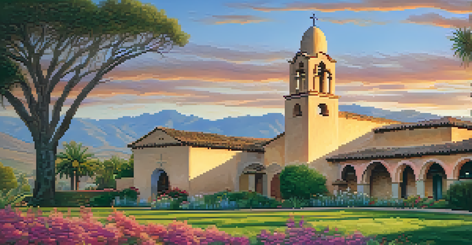A beautiful sunset view of Mission Santa Clara, highlighting its historic architecture surrounded by colorful flowers and trees.