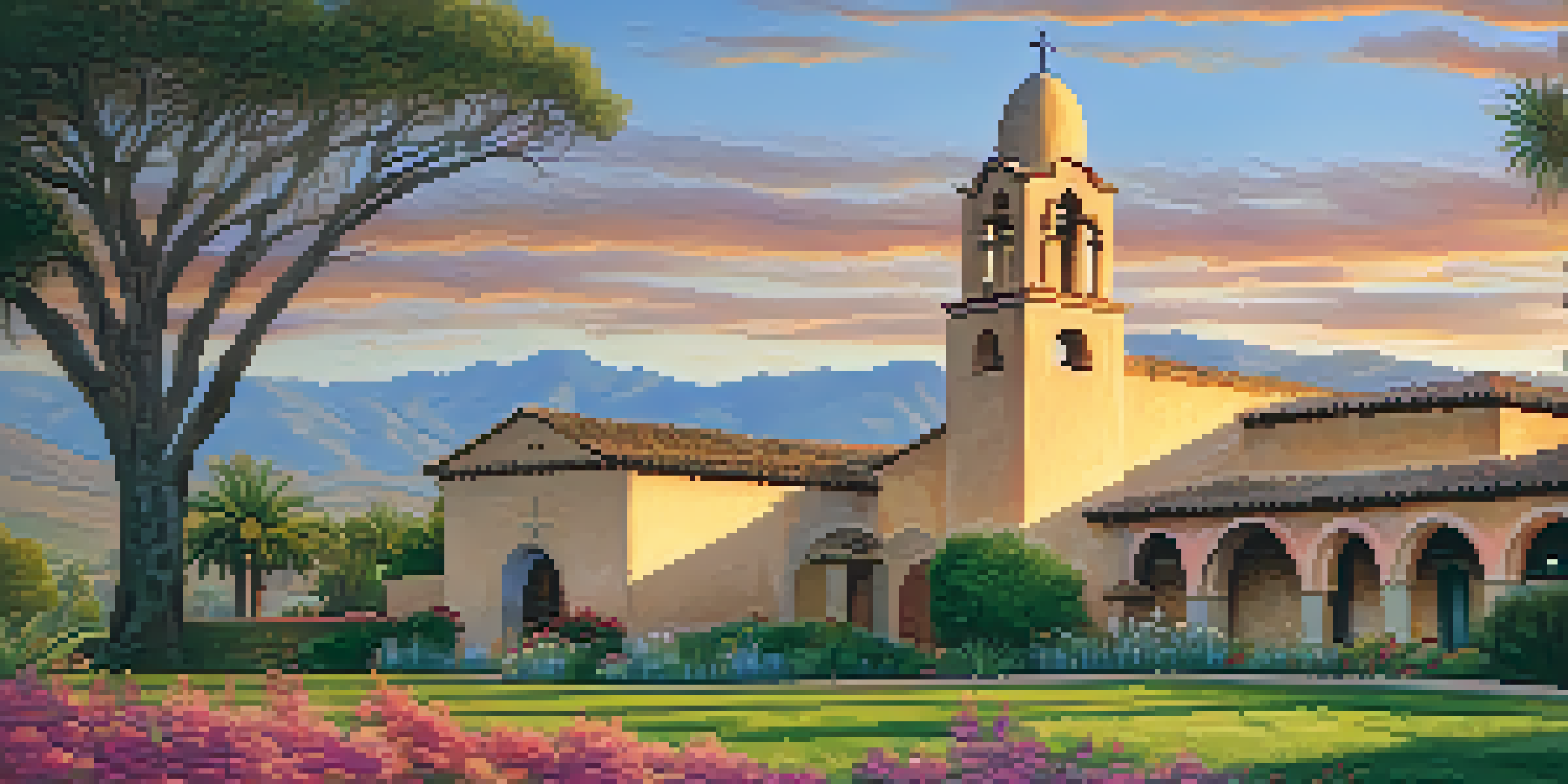 A beautiful sunset view of Mission Santa Clara, highlighting its historic architecture surrounded by colorful flowers and trees.