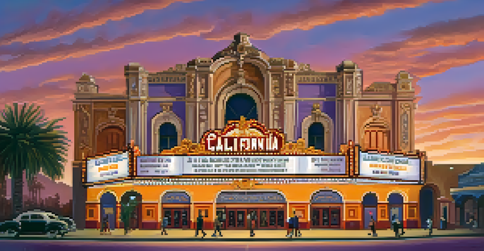 The California Theatre's exterior at sunset, highlighting its Spanish Baroque architecture with glowing marquee lights and a colorful sky.