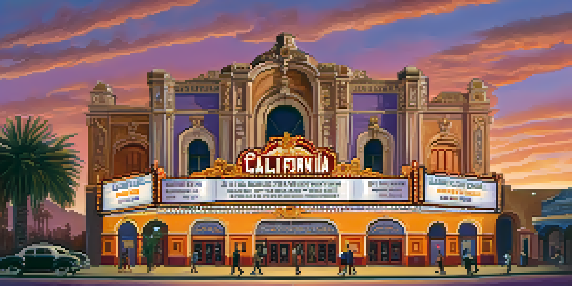 The California Theatre's exterior at sunset, highlighting its Spanish Baroque architecture with glowing marquee lights and a colorful sky.