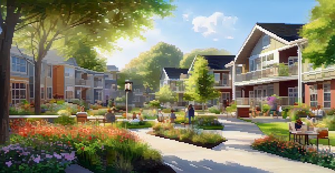 A peaceful co-housing community for seniors with a garden and residents enjoying activities together.