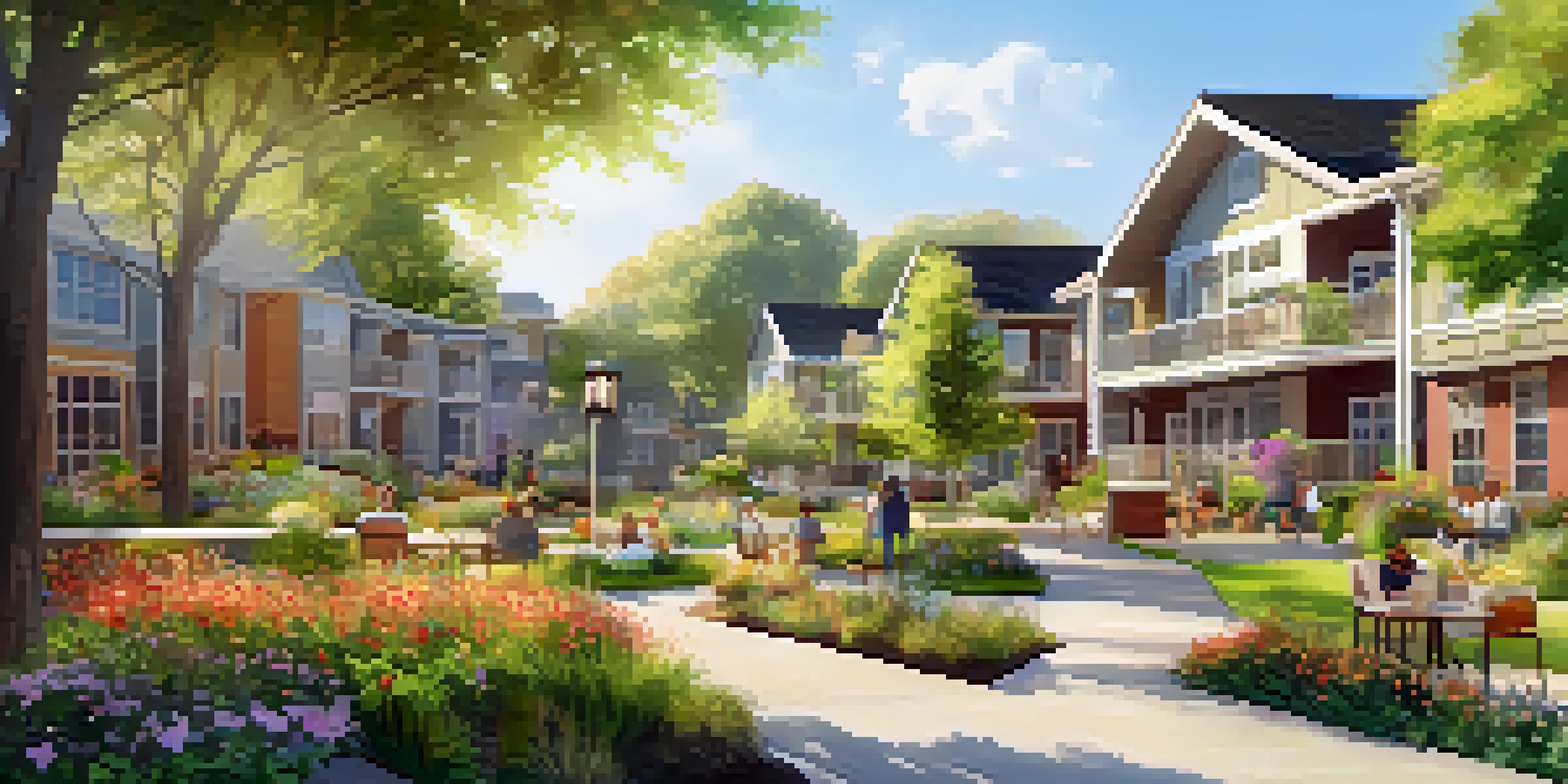 A peaceful co-housing community for seniors with a garden and residents enjoying activities together.