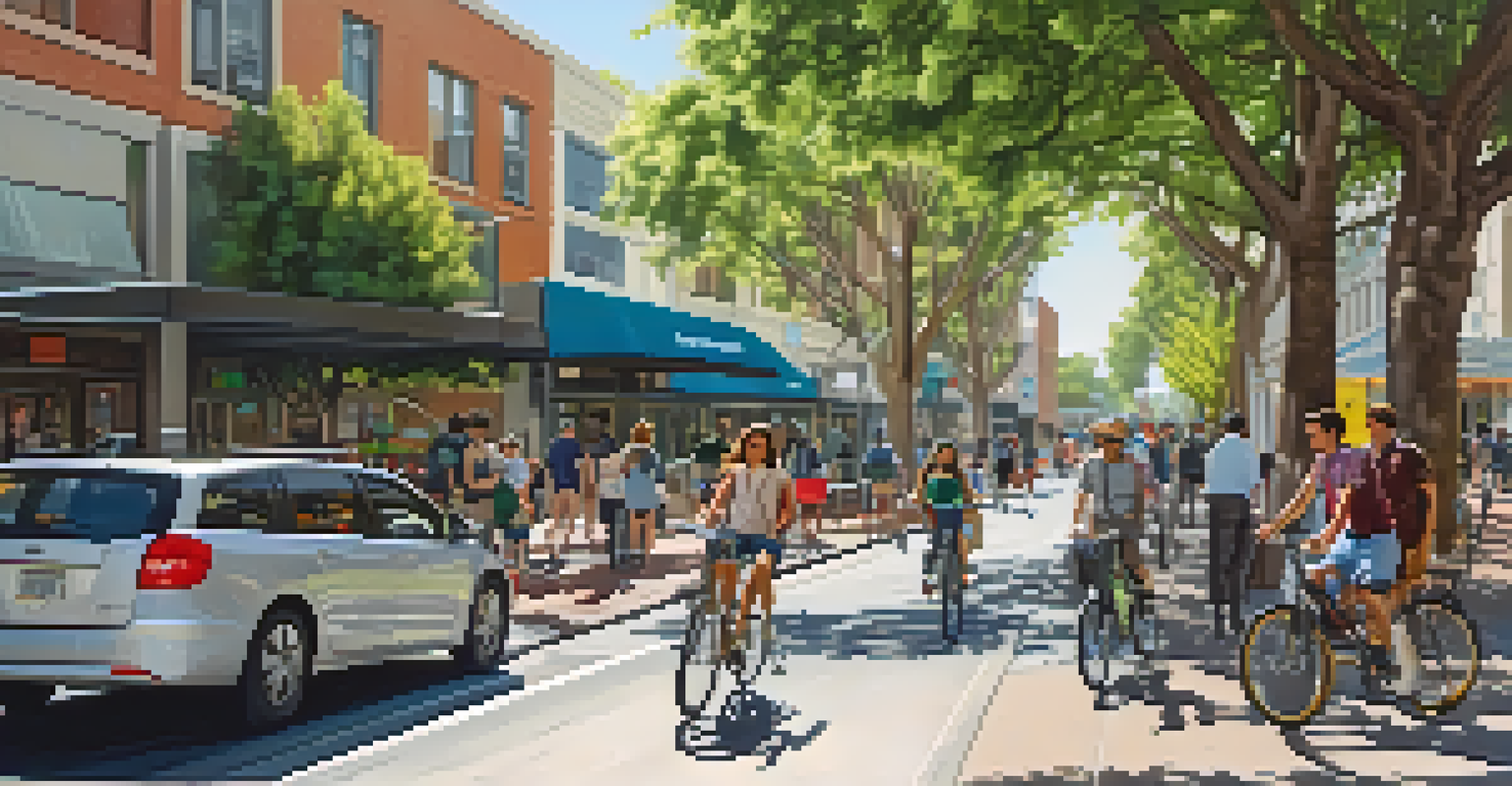 A vibrant street scene in San Jose showing pedestrians and cyclists in a sustainable urban environment with modern buildings.