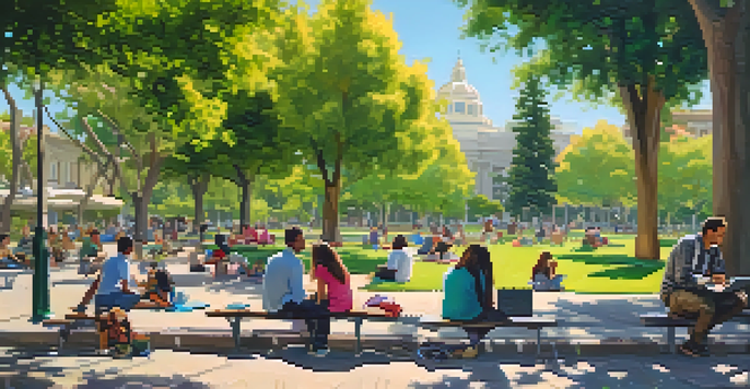 A lively park scene in San Jose with people enjoying free Wi-Fi, surrounded by greenery and colorful flowers.