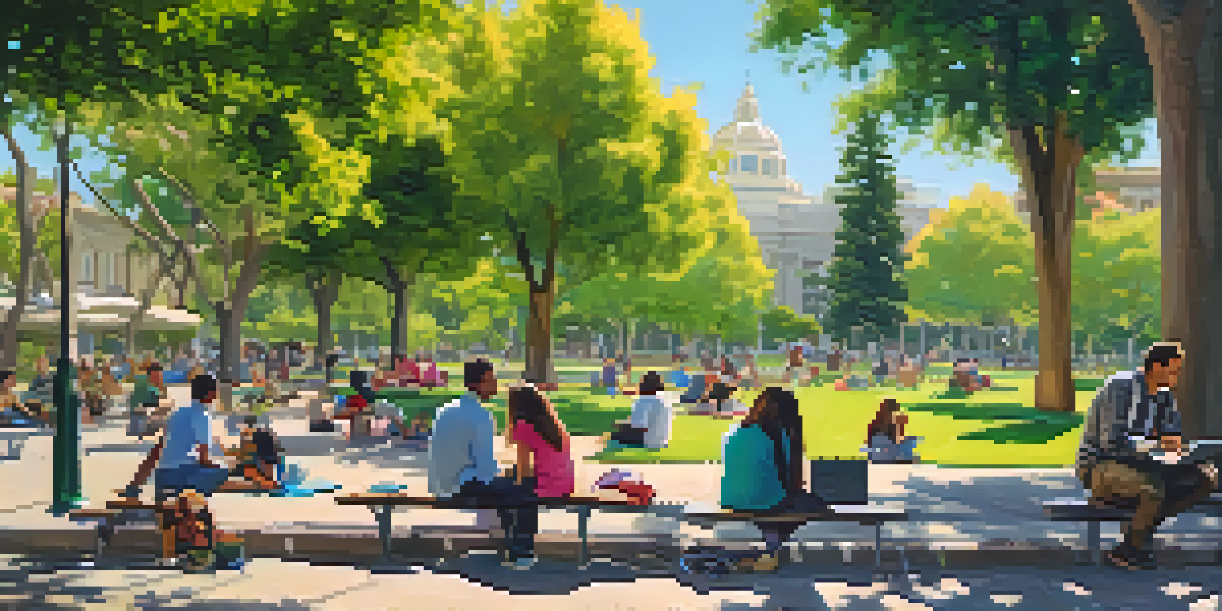 A lively park scene in San Jose with people enjoying free Wi-Fi, surrounded by greenery and colorful flowers.