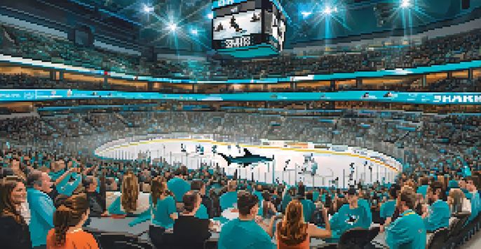 A lively interior of the SAP Center with fans in teal jerseys celebrating a game day for the San Jose Sharks.