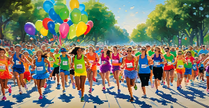 A lively scene of families participating in a fun run event, showcasing colorful costumes and a joyful atmosphere in a park setting.
